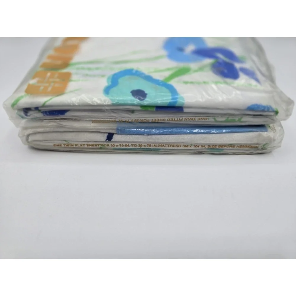 2 Set Vtg NIP Burlington Floral Twin Flat Sheet & Fitted - Blue & Green‎ 1970s